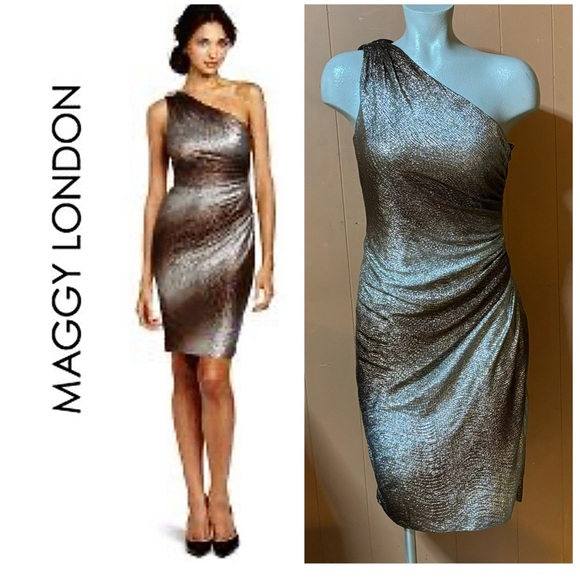 Maggy London Metallic One Shoulder Dress 6 - Picture 1 of 9